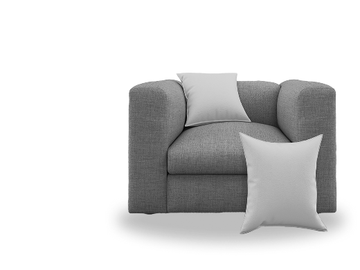 A grey upholstered armchair with two cushions